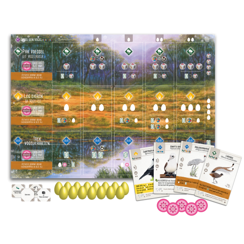 Wingspan Oceanië uitbreiding spelersborden, dobbelstenen, eieren, voedselfiches, vogelkaarten