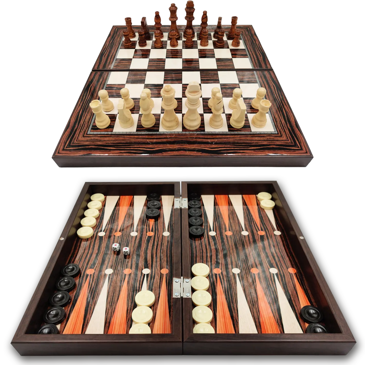Luxe ebbenhouten backgammon bord plus schaakstukken (combiset)